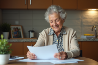 Femme senior souriante lisant du courrier à la maison