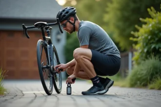Jeune homme en tenue de cyclisme vérifiant la pression de son vélo