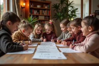 Enfants écrivant des poèmes acrostiches pour le Nouvel An