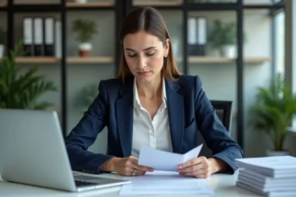 Femme d'affaires en costume dans un bureau organisé