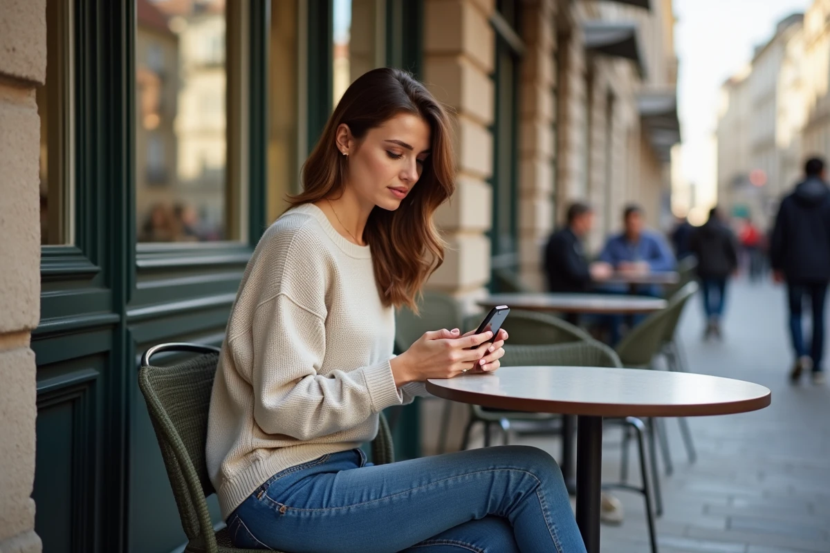 Femme au café utilisant son smartphone en extérieur