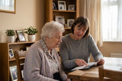 Femme âgée en pastel avec sa fille dans un salon chaleureux
