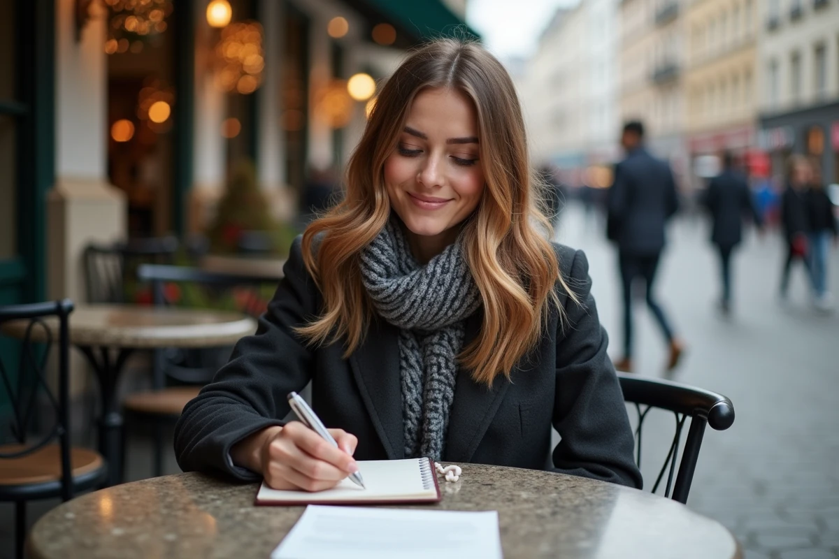 Femme compose un poème acrostiche dans un café en hiver