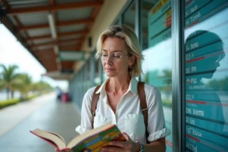 Femme voyageant regardant sa montre et guide de voyage