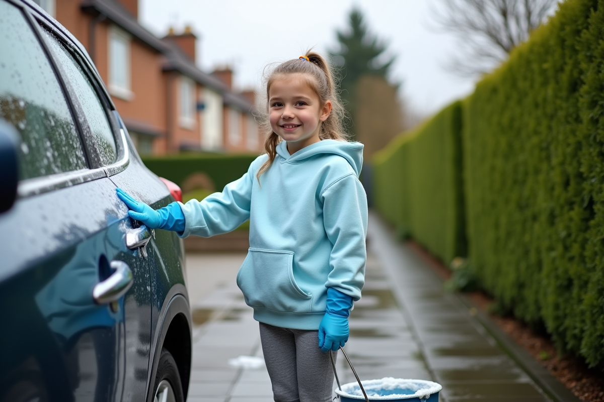 Fille de 12 ans lavant une voiture dans la cour résidentielle