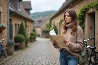 Jeune femme dans un village français avec carte et maisons en pierre