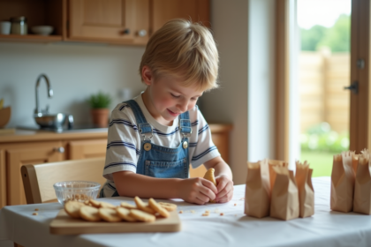 Garçon de 12 ans emballant des cookies faits maison dans la cuisine