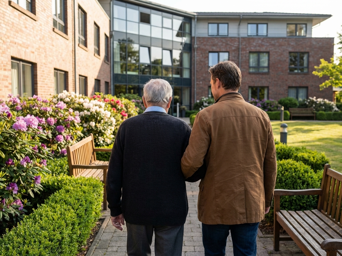 Homme âgé marchant avec son fils dans un jardin fleuri