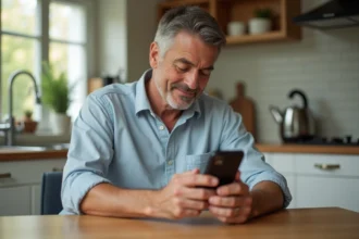 Homme d'âge moyen vérifiant ses résultats Keno sur son smartphone dans une cuisine moderne