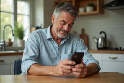 Homme d'âge moyen vérifiant ses résultats Keno sur son smartphone dans une cuisine moderne
