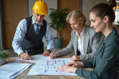 Inspecteur et femme examinant plans et rapport thermique