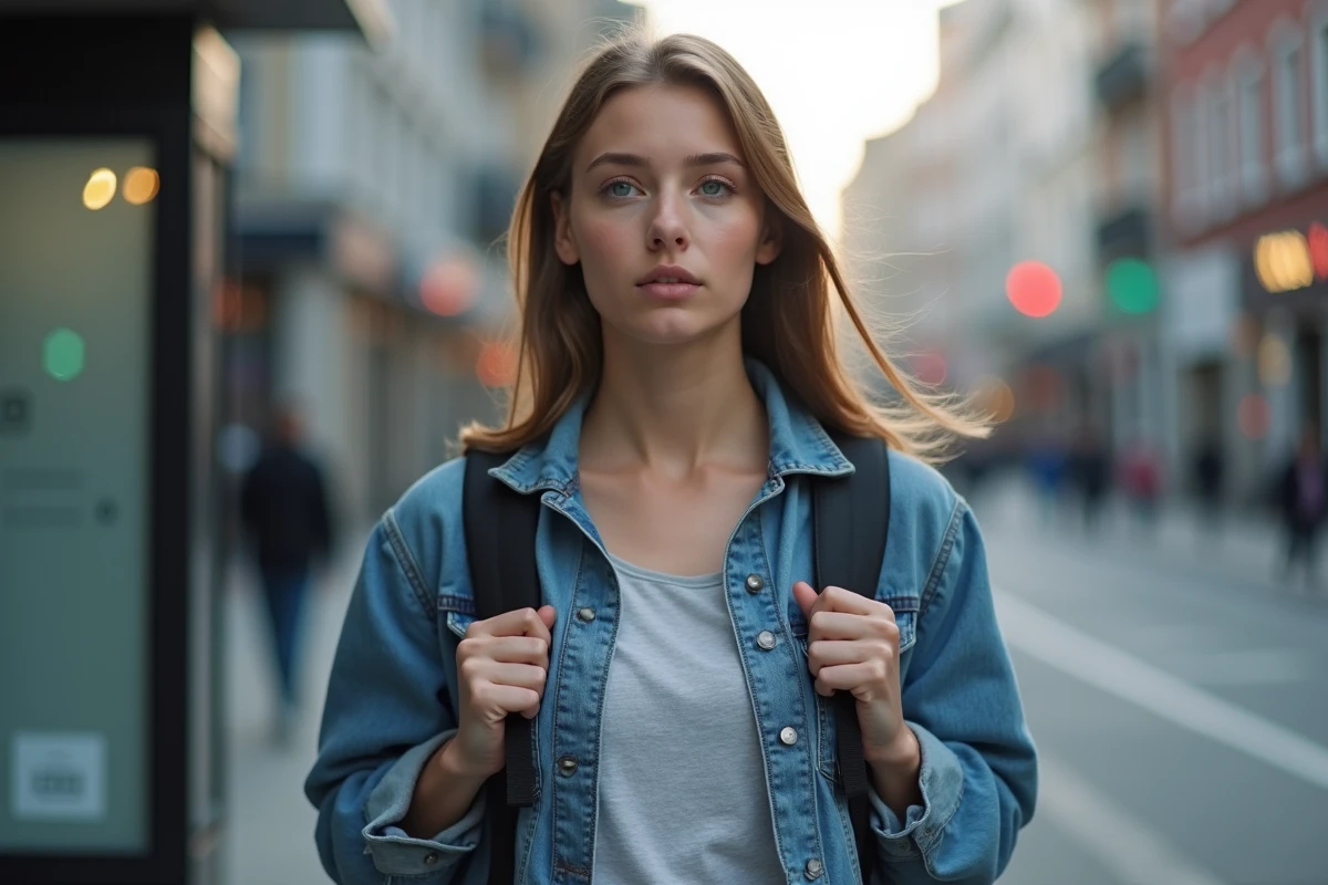Jeune femme dans la rue contemplative avec sac à dos