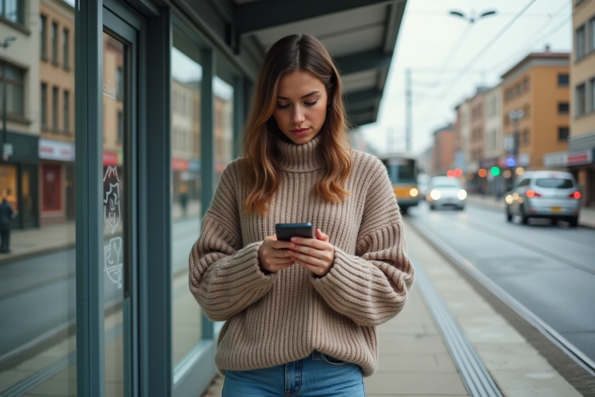 Jeune femme recevant une alerte Keno à un arrêt de tram en ville