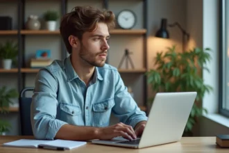 Jeune homme en denim dans un bureau moderne et cosy