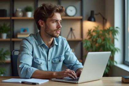 Jeune homme en denim dans un bureau moderne et cosy
