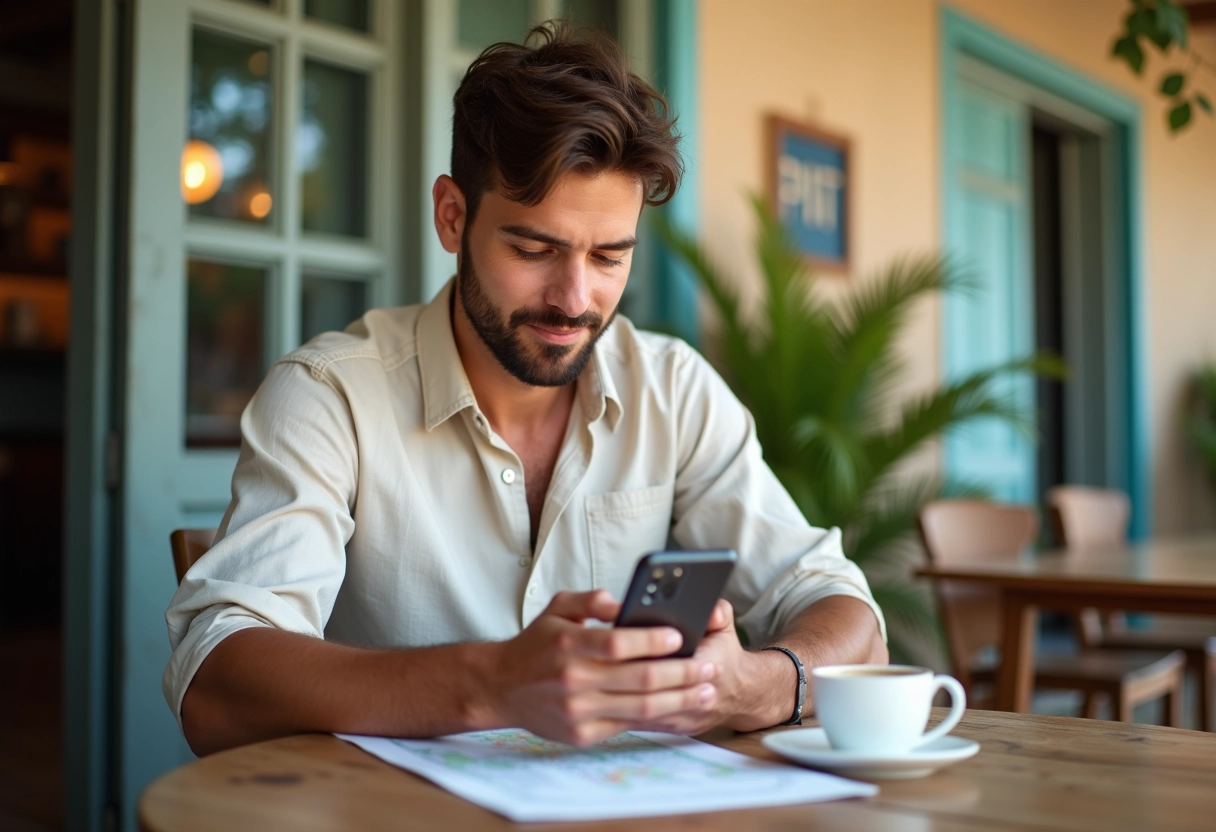 Jeune homme consultat son smartphone dans un café tropical