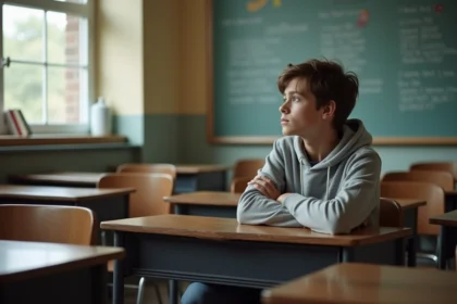 Adolescent assis seul en classe regardant par la fenêtre