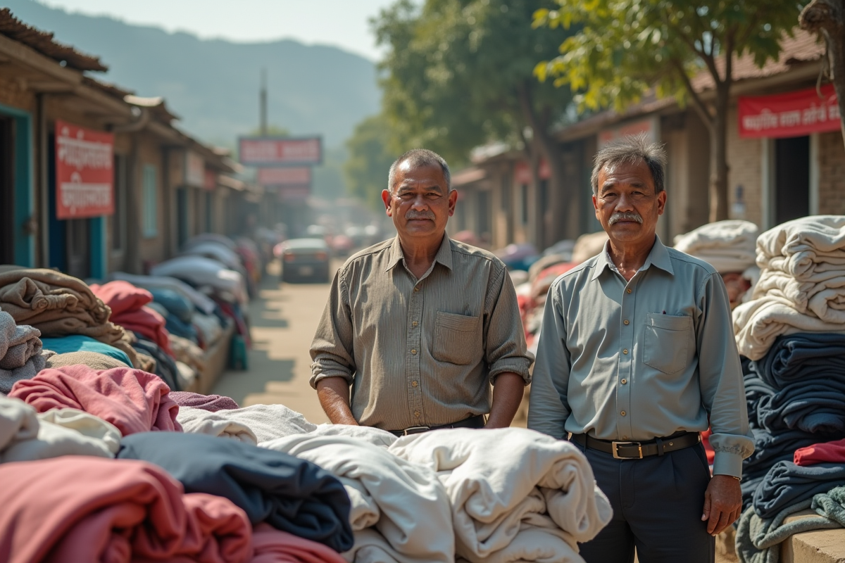 Homme et femme dans un atelier de fabrication de vetements en plein air