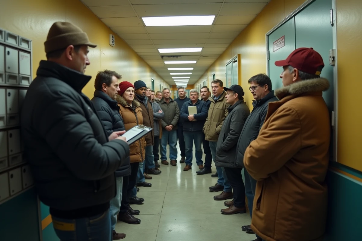 Résidents attentifs lors d’un audit énergétique dans le couloir