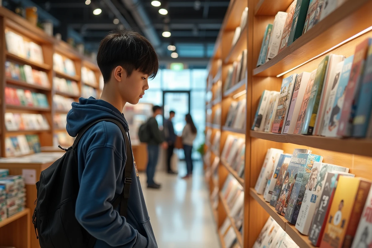Adolescent parcourant des manhwa en librairie lumineuse