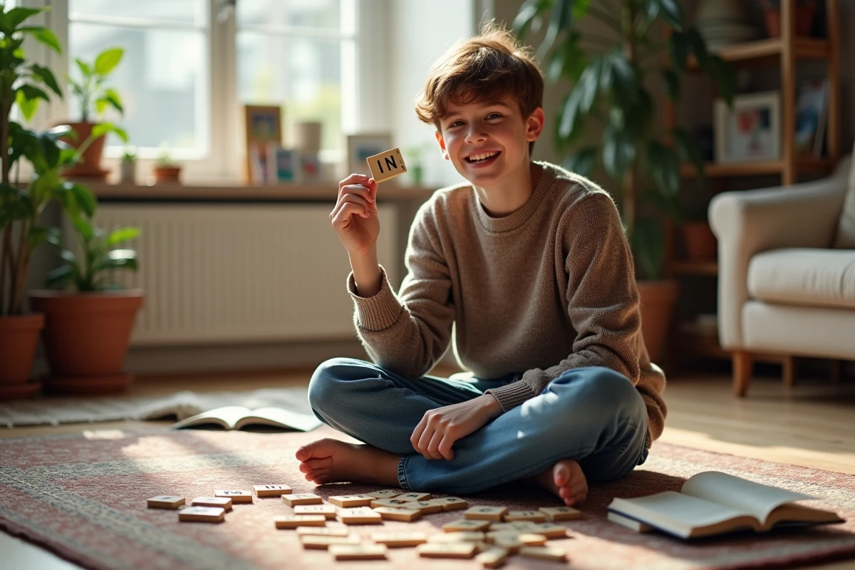 Adolescent jouant au Scrabble sur le tapis du salon
