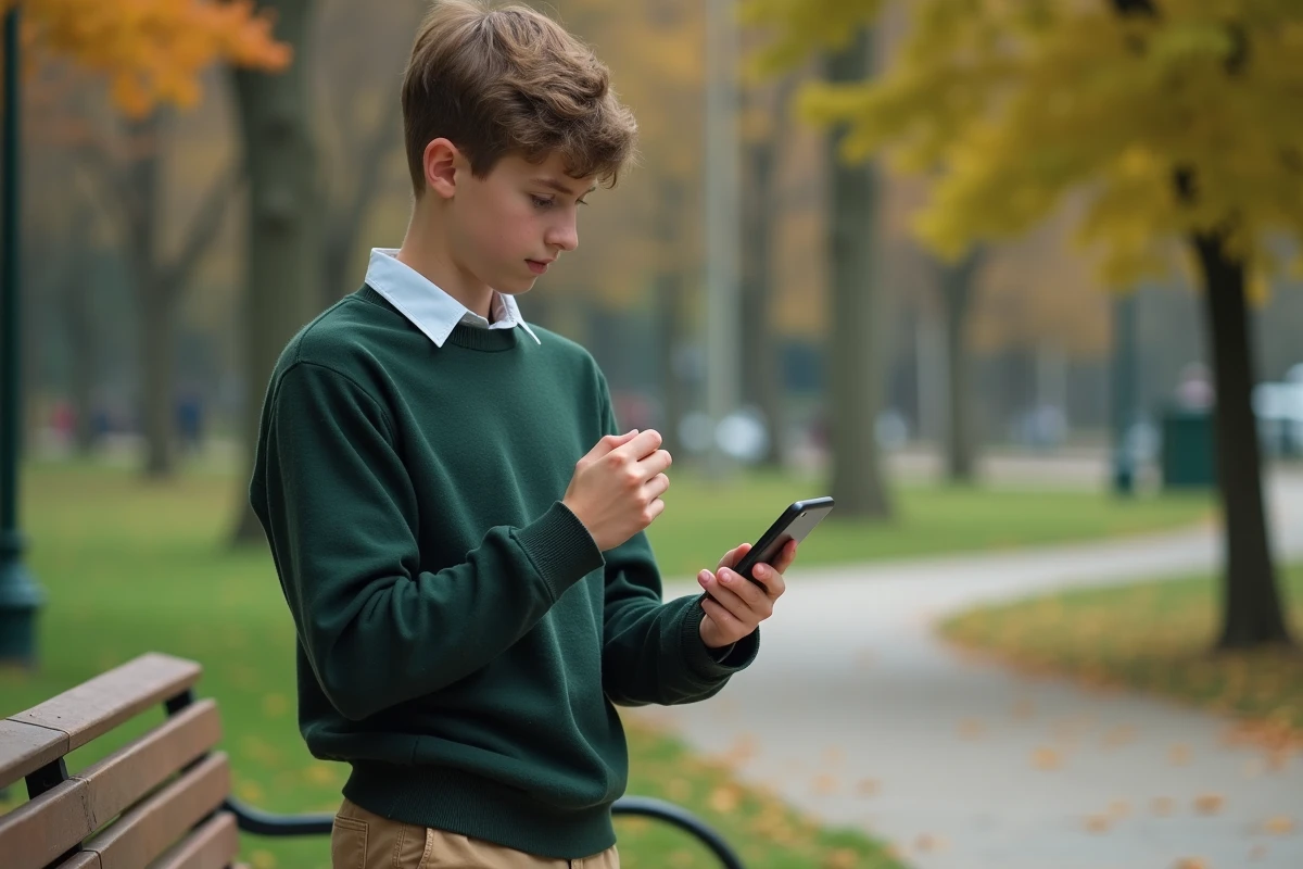 Adolescent concentré utilisant smartphone dans un parc