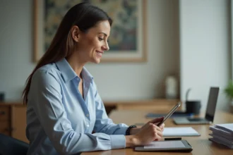 Femme d'âge moyen utilisant une tablette dans un bureau organisé