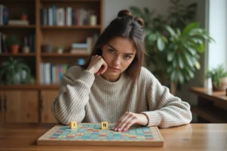 Femme réfléchissant à une partie de Scrabble dans un salon cosy