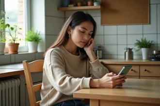 Jeune femme écrivant sur son smartphone dans la cuisine