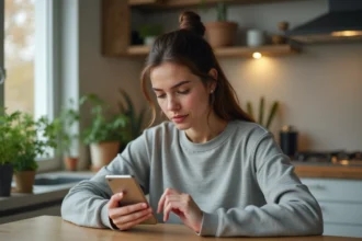 Femme regardant son smartphone dans une cuisine moderne