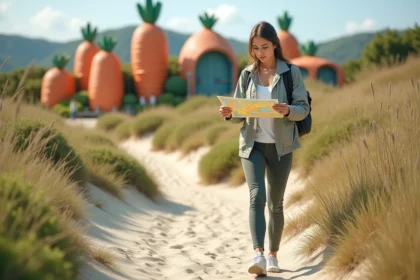 Jeune femme en randonnée avec carte dans paysage fantastique