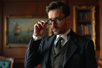 Homme d'âge moyen en costume victorien dans un bureau en bois