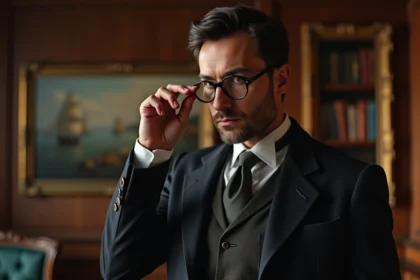 Homme d'âge moyen en costume victorien dans un bureau en bois