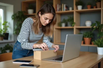 Jeune femme mesure une chaussure avec une règle dans un bureau cosy