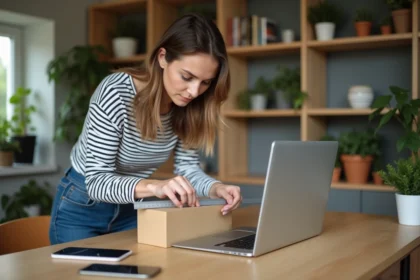 Jeune femme mesure une chaussure avec une règle dans un bureau cosy