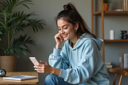 Jeune femme souriante avec smartphone dans un salon moderne