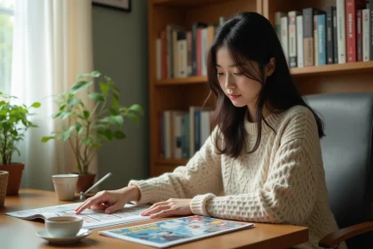 Jeune femme lisant des webtoons dans un bureau cosy