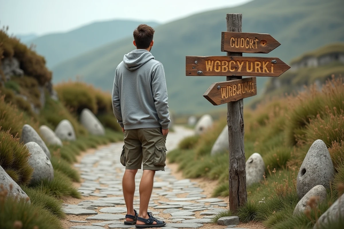 Jeune homme avec panneau en pierre motif lapin dans paysage