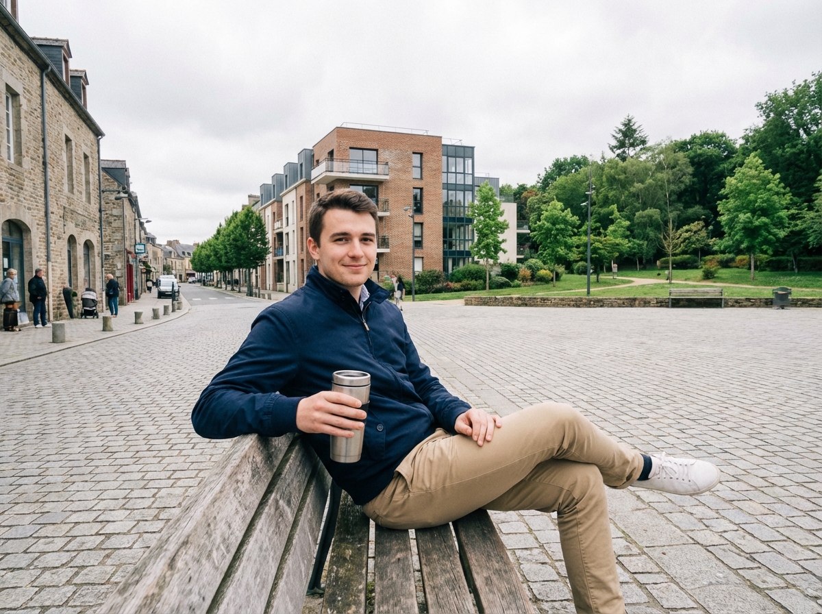Jeune homme assis sur un banc en centre urbain de Liffré