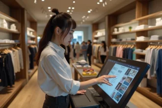 Jeune vendeuse en boutique utilisant un compteur digital