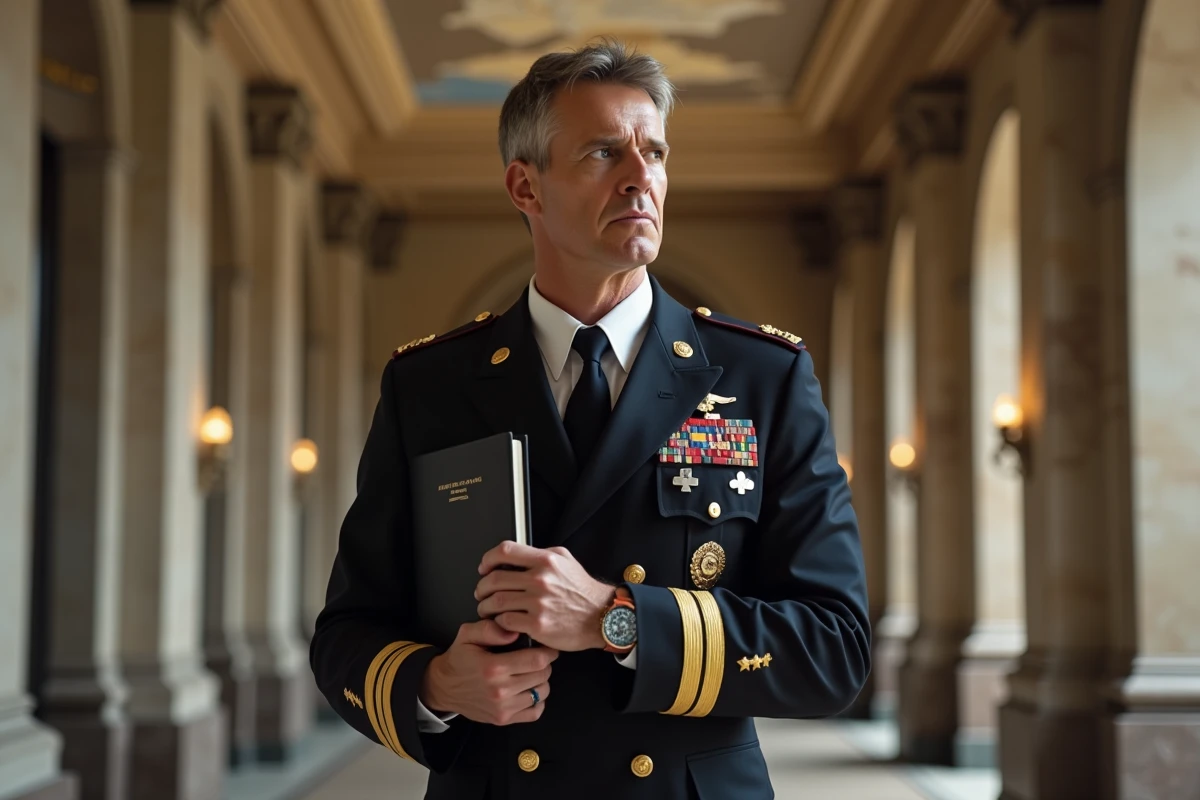 Officiel en uniforme marin dans un couloir imposant