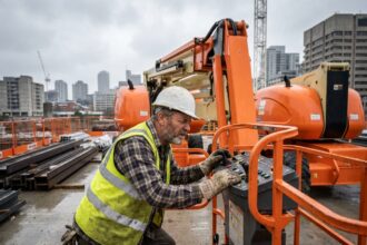 Ouvrier vérifiant un panneau sur une plateforme élévatrice