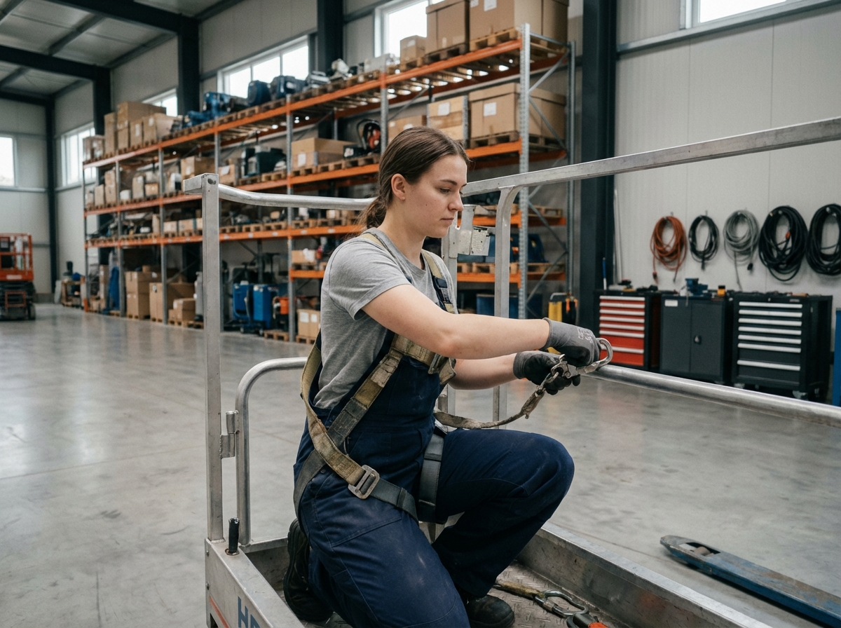 Jeune femme sécurisant son harness dans un entrepôt moderne