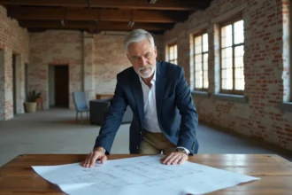 Architecte d age moyen examinant des plans dans un loft rénové