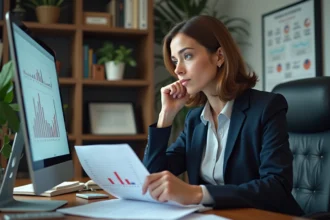 Femme d'âge moyen analysant des graphiques dans un bureau moderne