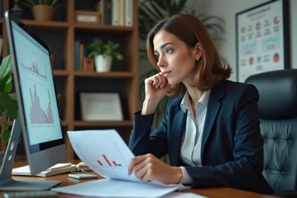 Femme d'âge moyen analysant des graphiques dans un bureau moderne