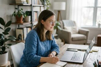 Jeune femme concentrée travaillant à son ordinateur à la maison