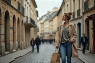 Femme citadine dans une rue pavée de ville française