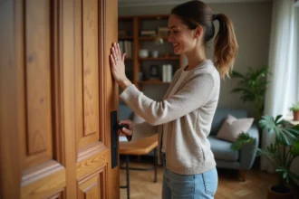 Femme touchant la poignée d'une porte en bois intérieur