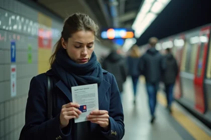 Femme inquiète dans le métro de Paris avec un avis RATP